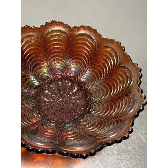 Vintage Fenton Carnival Glass Bowl Ruffled Scallop Edge Peacock Design - Picture 5 of 8